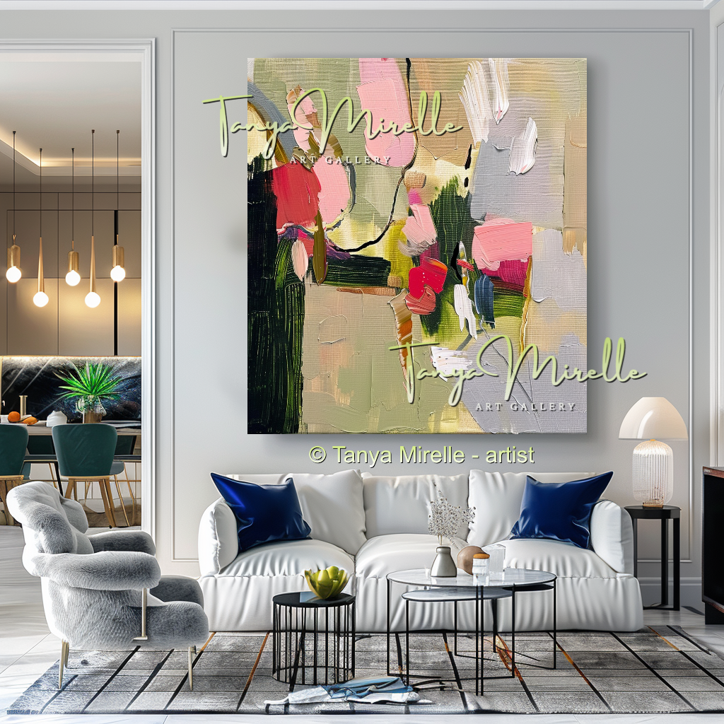 Earth Tone Floral Abstract Oil Painting with Pink Accents #255