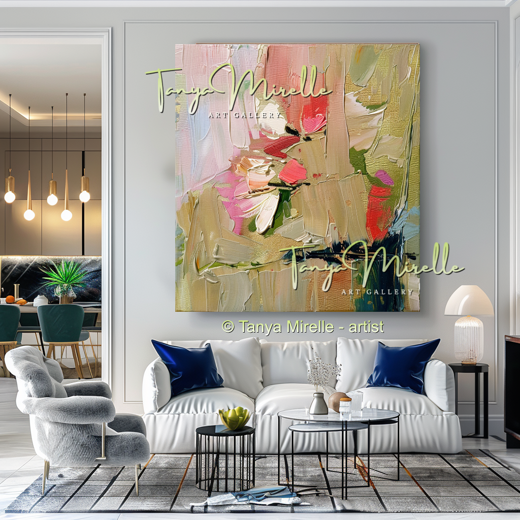 Earth Tone Floral Abstract Oil Painting with Pink Accents #255