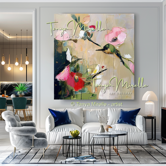 Earth Tone Floral Abstract Oil Painting with Pink Accents #254