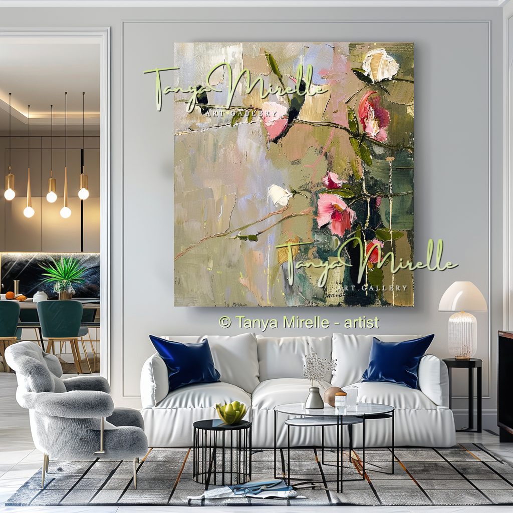 Earth Tone Floral Abstract Oil Painting with Pink Accents #254