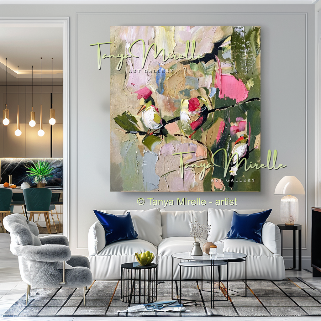 Earth Tone Floral Abstract Oil Painting with Pink Accents #254