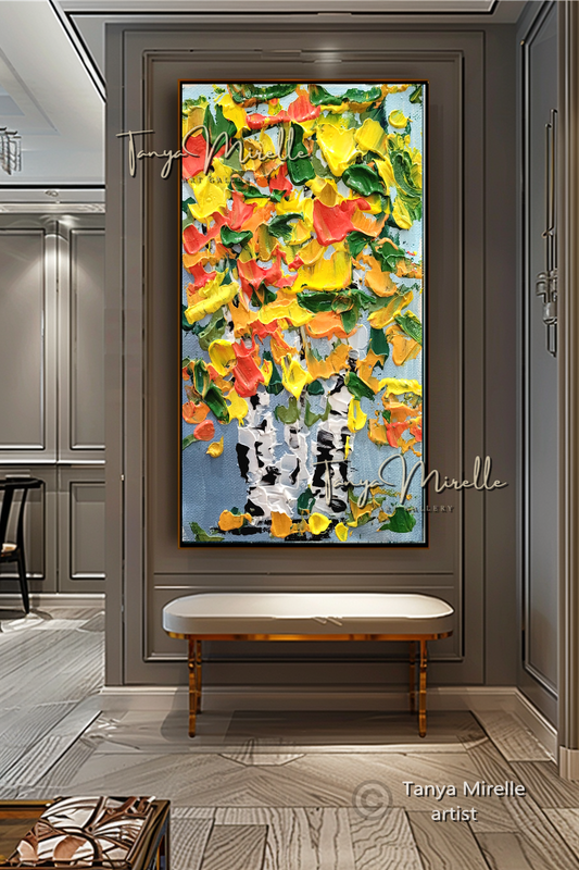 Large Birch Trees Painting - Textured Yellow Forest Canvas Art #76