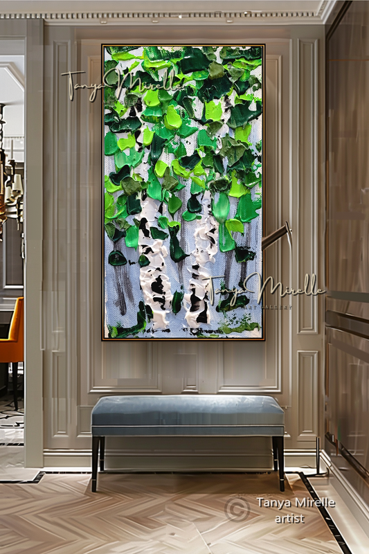 Large Birch Trees Painting - Textured Green Forest Canvas Art #75