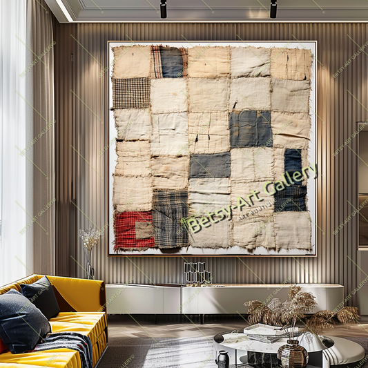Colorful Textile-Inspired Wall Art - Boho Patchwork Abstract Canvas Print
