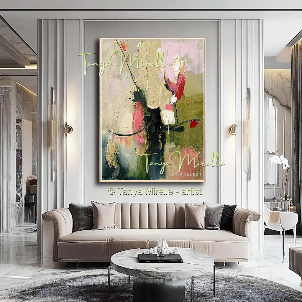 Earth Tone Floral Abstract Oil Painting with Pink Accents #255