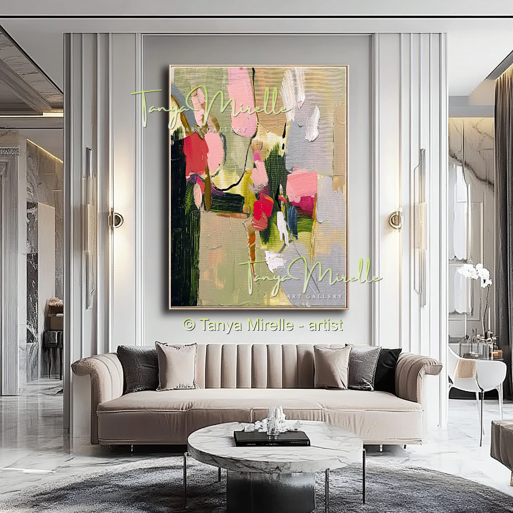 Earth Tone Floral Abstract Oil Painting with Pink Accents #255