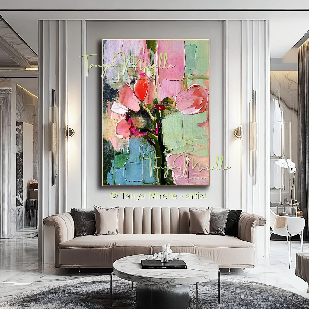 Elegant Abstract Flower Wall Art, Oil Impasto Painting #240