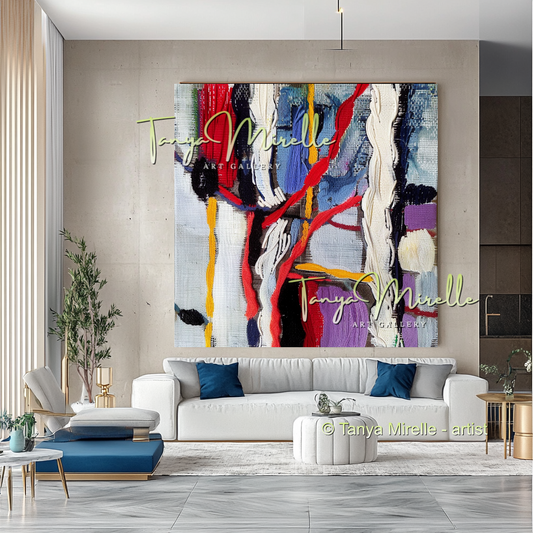 Hand-Painted Impasto Oil Canvas Wall Art, Bold Red Accents #300