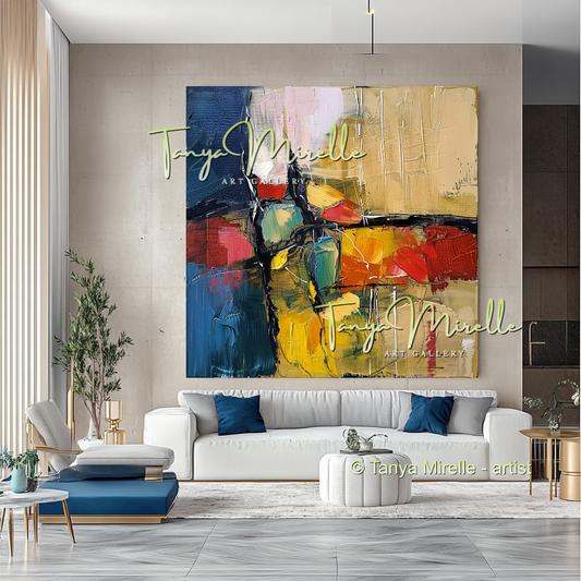 Original Abstract Oil Painting with Bold Red Accent #272