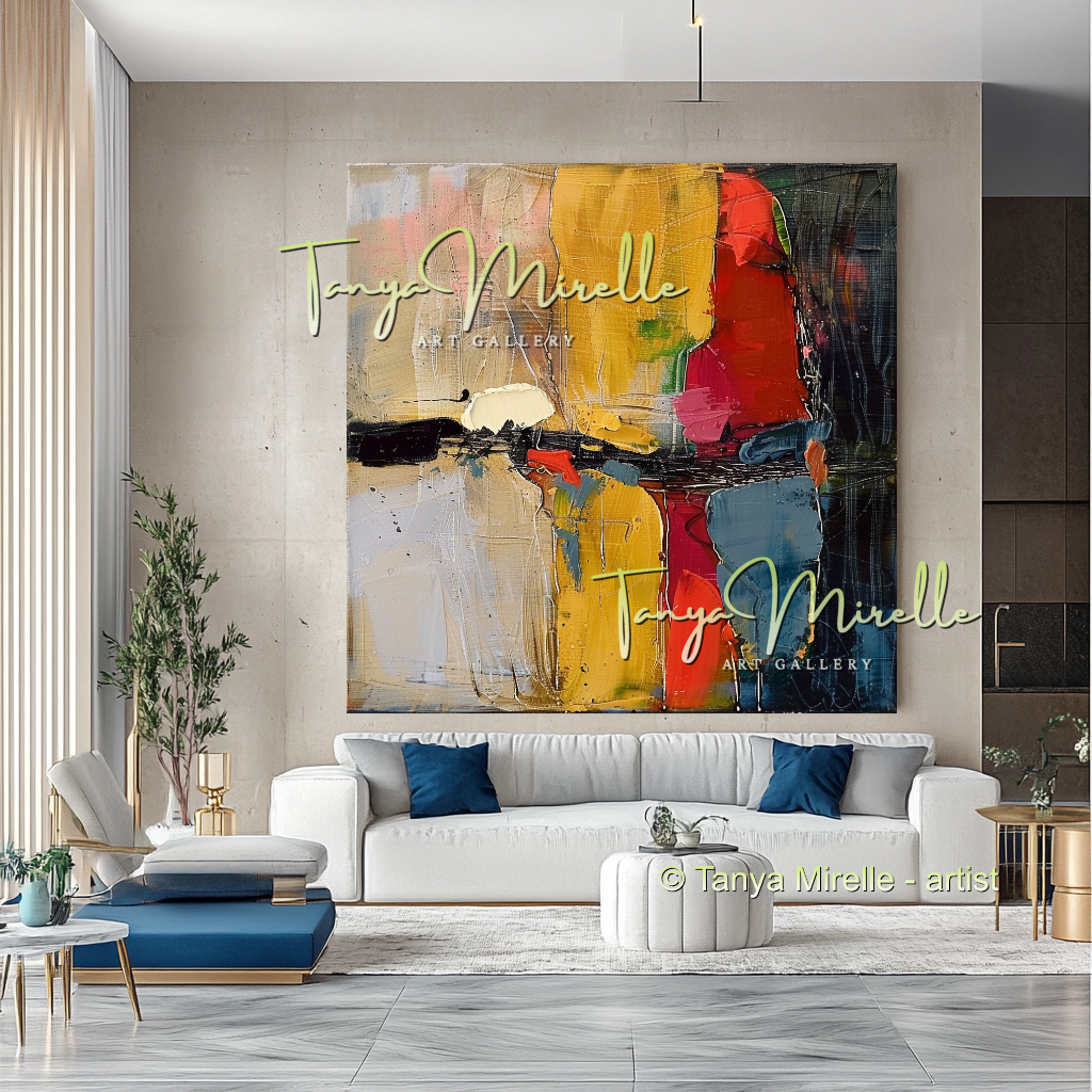 Original Abstract Oil Painting with Bold Red Accent #272