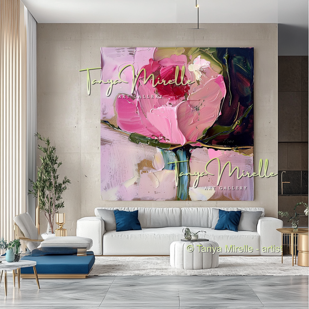 Elegant Abstract Flower Wall Art, Oil Impasto Painting #296