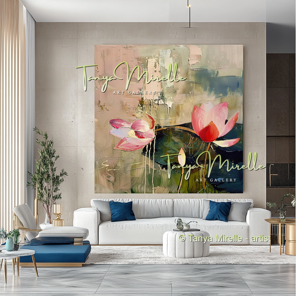 Pink and Green Floral, Lotus Abstract Oil Painting #297