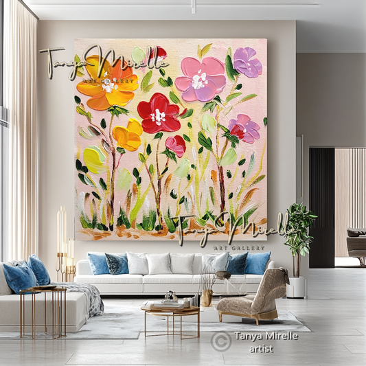 Modern Floral Wall Art - Colorful Abstract Impasto Oil Painting on Canvas #33