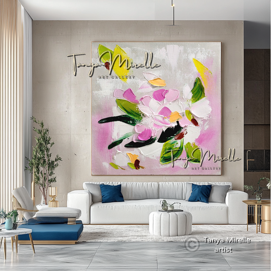 Large Floral Abstract Painting - Textured Pink Flowers on Canvas, #62