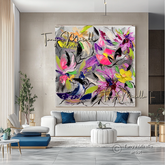 Large Floral Abstract Painting - Colorful Textured Flowers on Canvas, #65