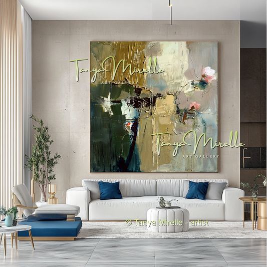 Green Beige Floral Abstract Painting - Modern Wall Art #164