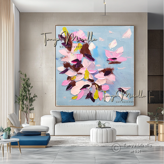 Large Floral Abstract Painting - Textured Spring Flowers on Canvas, #63