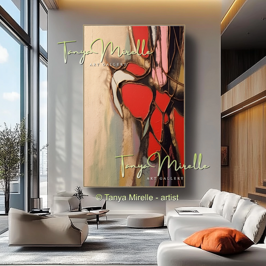 Impasto Oil Canvas Wall Art, Bold Red Accents #222