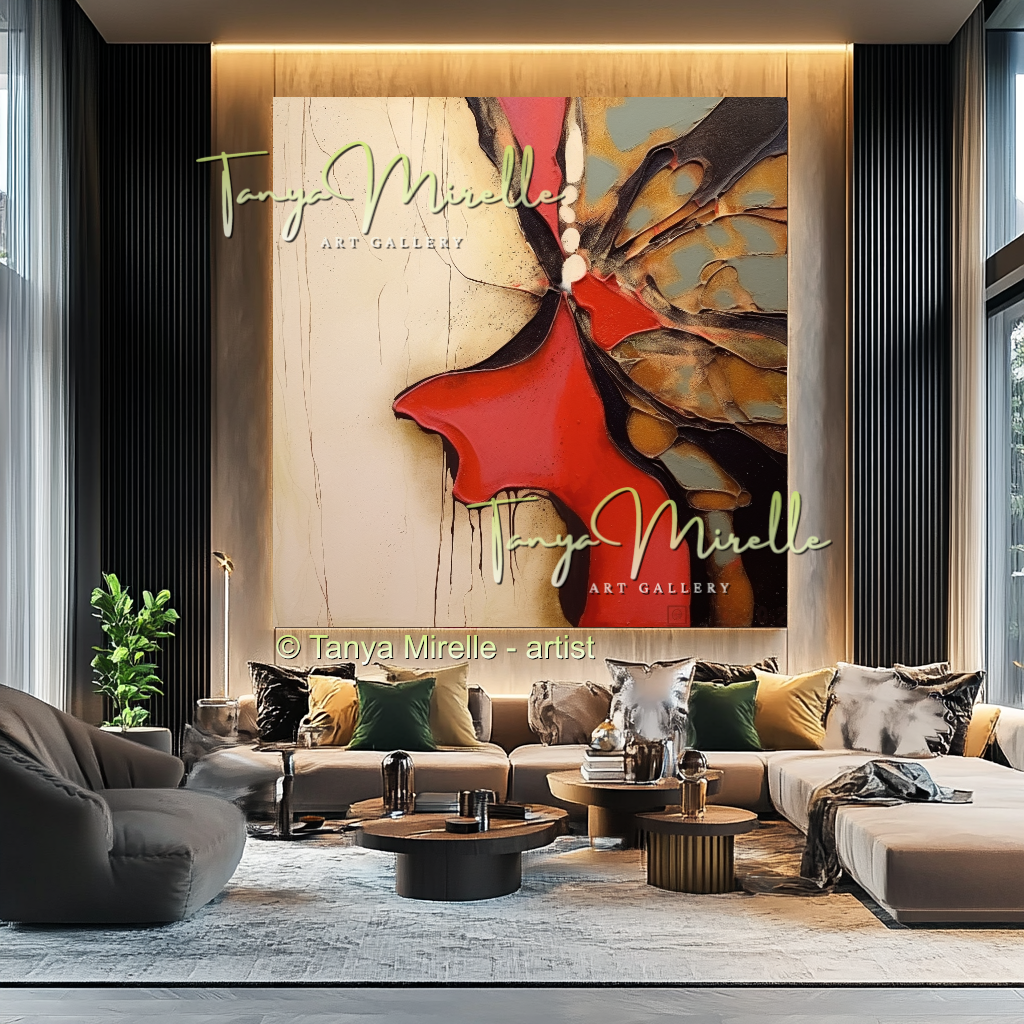 Impasto Oil Canvas Wall Art, Bold Red Accents #222