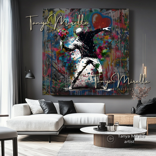 Banksy Man with Bouquet Graffiti Art Print on Canvas #2 art gift Banksy art Banksy canvas canvas print canvas wall art contemporary art flower thrower giclée prints graffiti art print graffiti canvas graffiti canvas art graffiti print home decor large canvas print large wall art Large Wall Art Decor modern abstract art modern art print modern wall art pop art print print on canvas ready to hang canvas street art street art on canvas stretched canvas art urban decor wall art prints