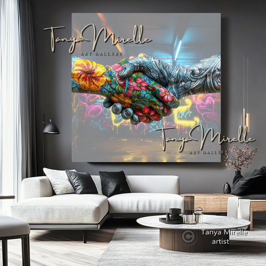 Tattooed Hands Handshake Art Print on Canvas #2