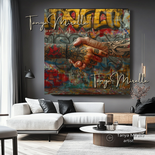 Tattooed Hands Handshake Art Print on Canvas #1