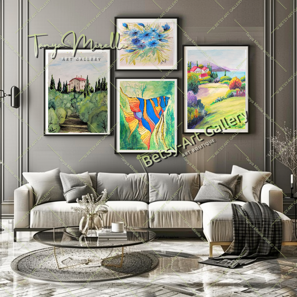 Vibrant Mediterranean Landscape Watercolor Painting, No Frame abstract expressionism art print birthday gift blooming garden art botanical print colorful painting floral art floral painting garden painting gift for mom mediterranean art modern art modern wall art nature painting paper painting small painting wall art home decor watercolor floral watercolor flowers watercolor landscape watercolor painting