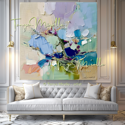 Modern Blue Floral Canvas Artwork with Texture #341