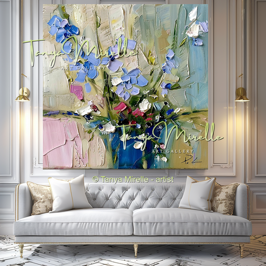 Modern Blue Floral Canvas Artwork with Texture #340