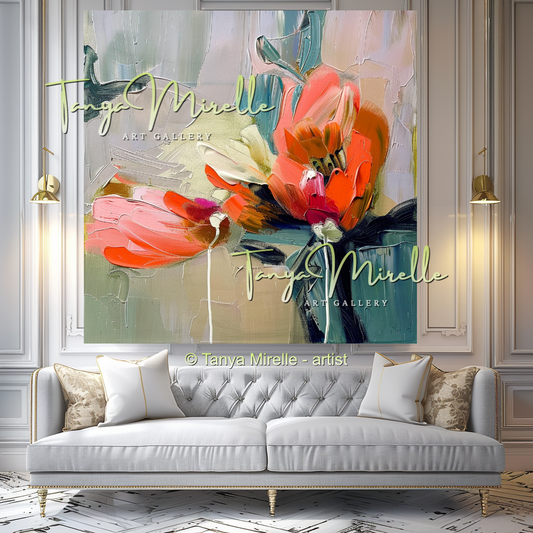 Bold Floral Oil Painting, Abstract Impasto Flowers Wall Art #345