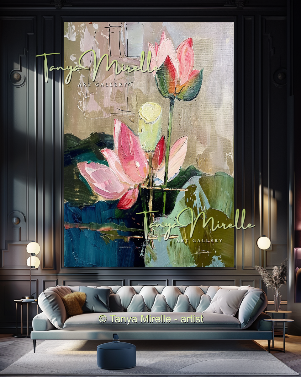 Pink and Green Floral, Lotus Abstract Oil Painting #297