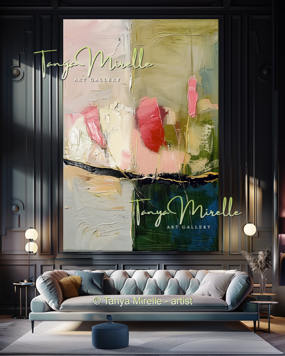 Pink and Green Floral Abstract Oil Painting #298