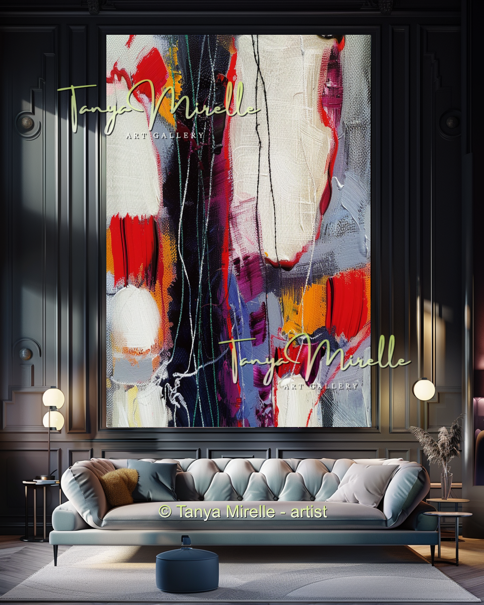 Hand-Painted Impasto Oil Canvas Wall Art, Bold Red Accents #300
