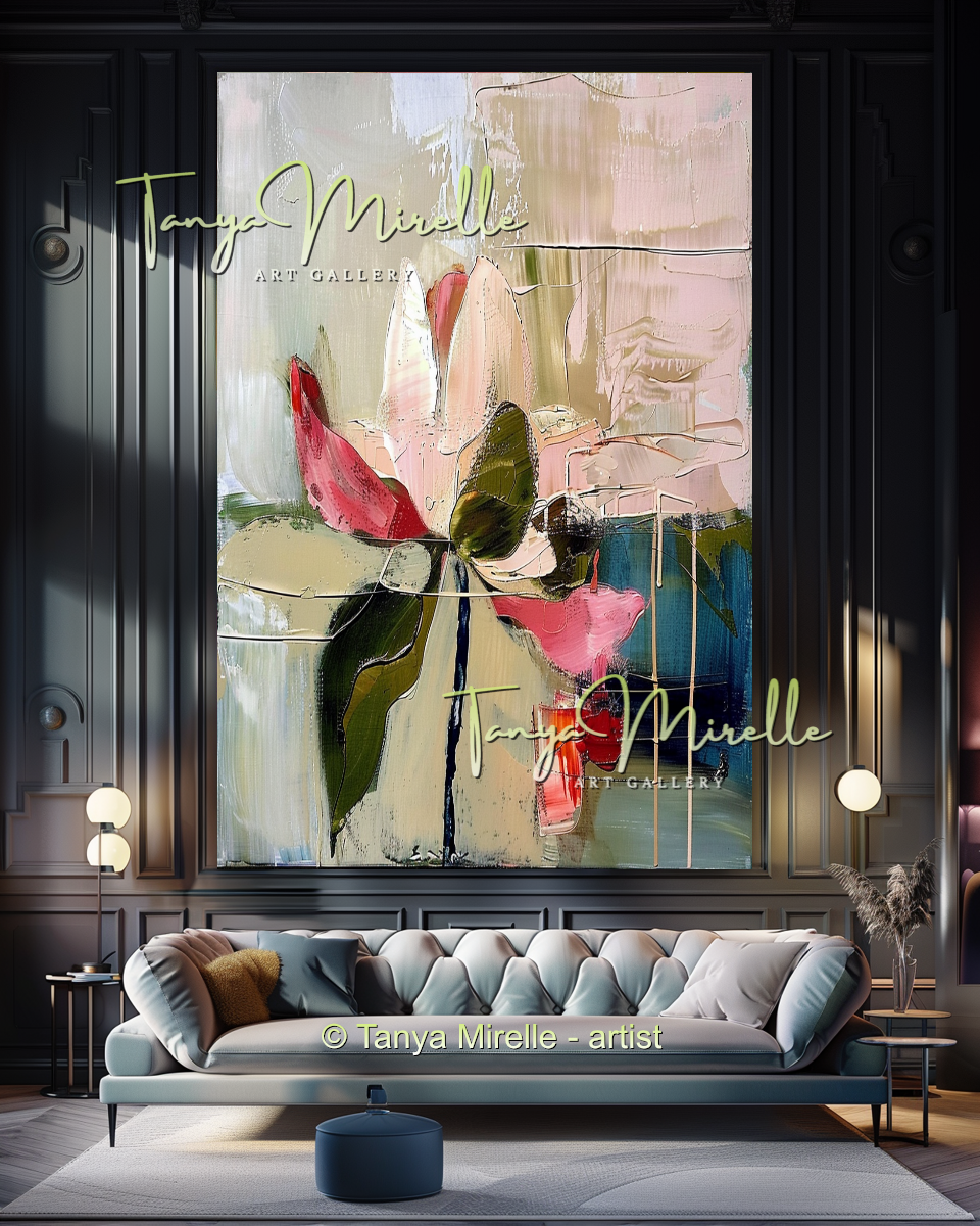 Pink and Green Floral, Lotus Abstract Oil Painting #297