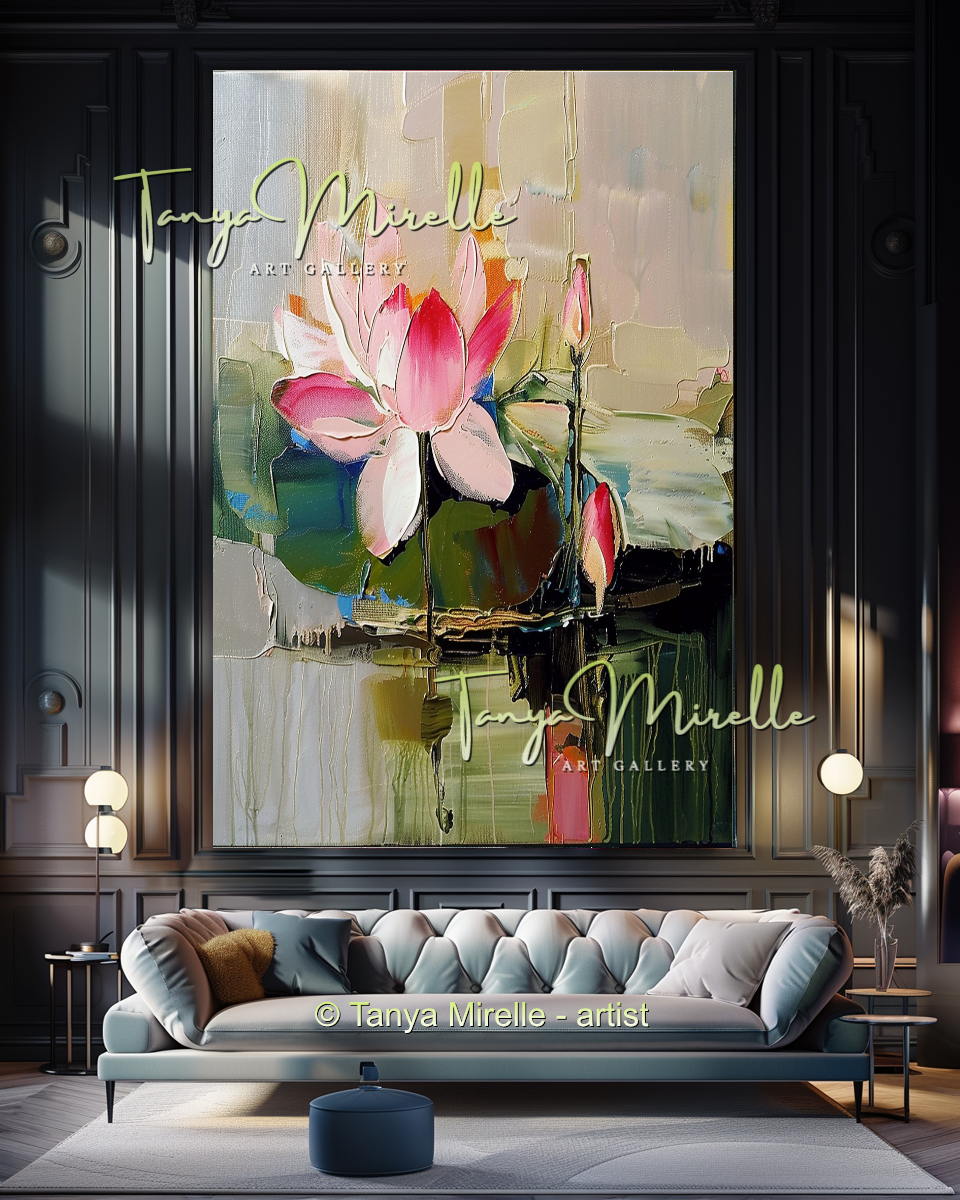 Pink and Green Floral, Lotus Abstract Oil Painting #297