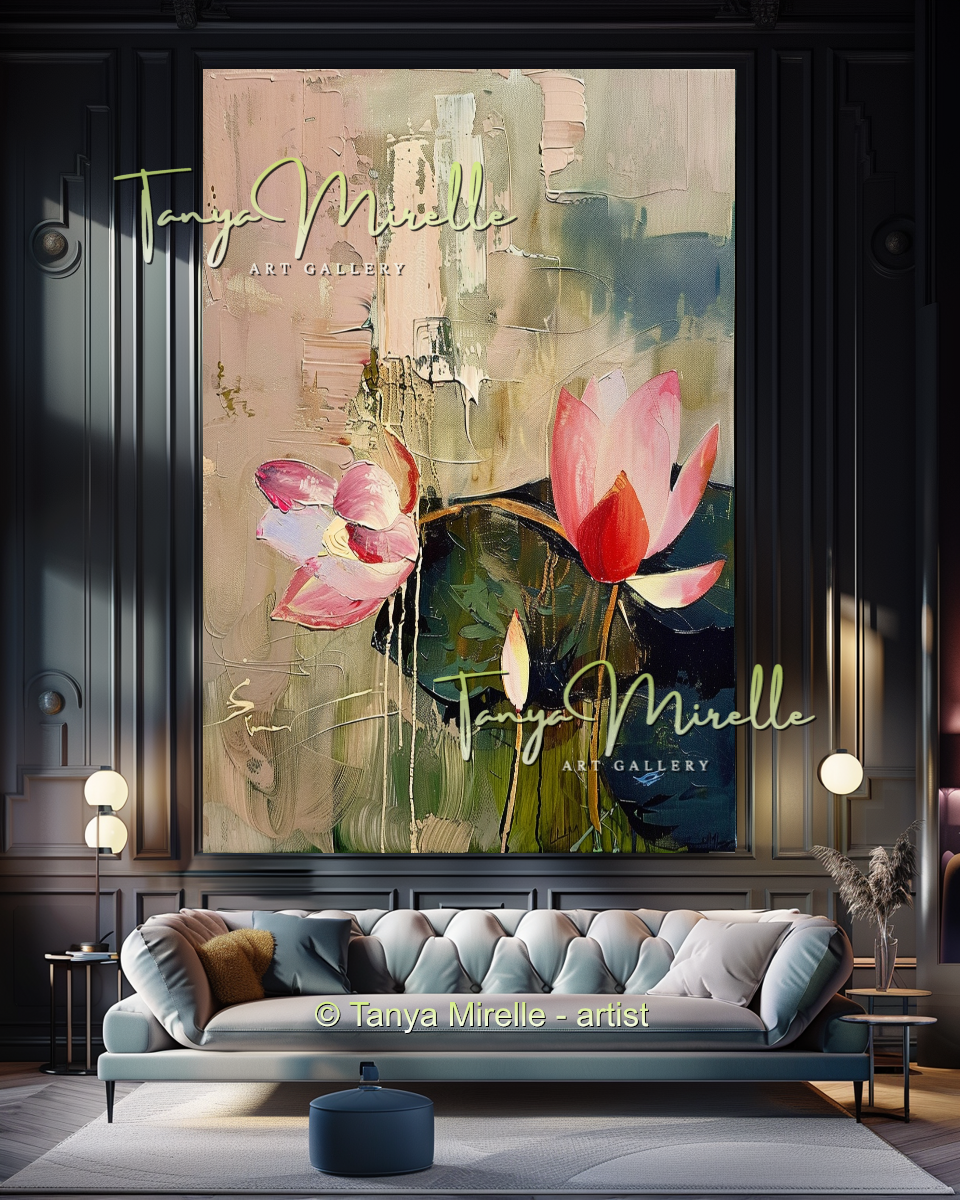 Pink and Green Floral, Lotus Abstract Oil Painting #297