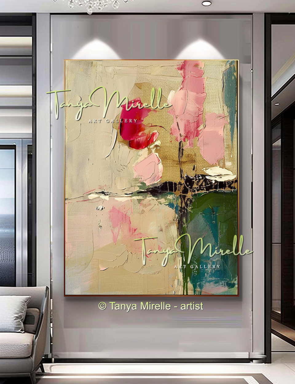 Pink and Beige Floral Abstract Oil Painting #267