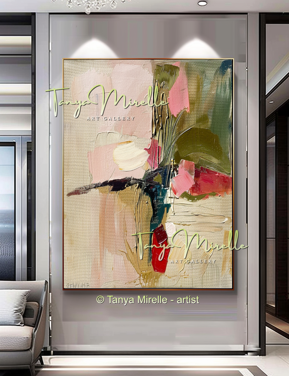 Pink and Beige Floral Abstract Oil Painting #267