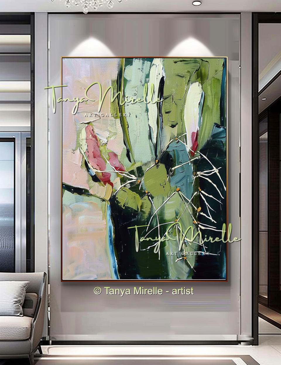 Vivid Green Cactus Abstract Impasto Oil Painting on Canvas #249