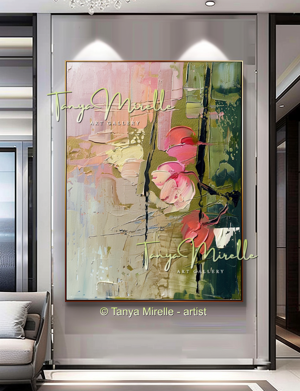 Earth Tone Floral Abstract Oil Painting with Pink Accents #255