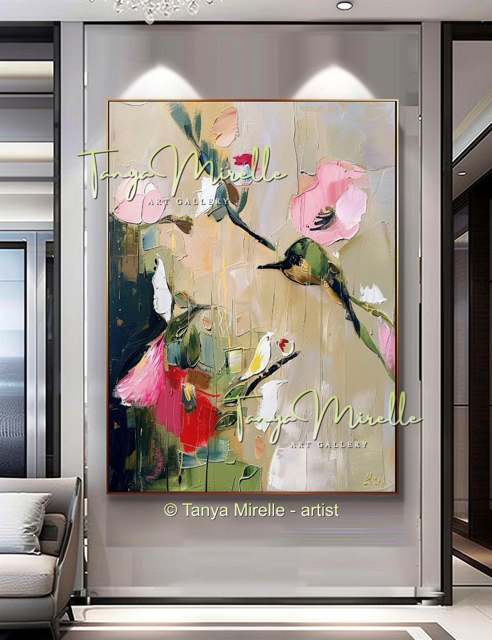 Earth Tone Floral Abstract Oil Painting with Pink Accents #254