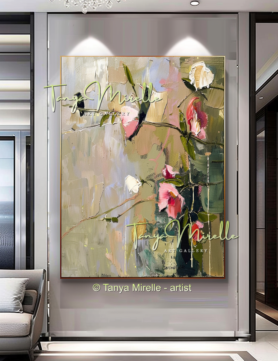 Earth Tone Floral Abstract Oil Painting with Pink Accents #254