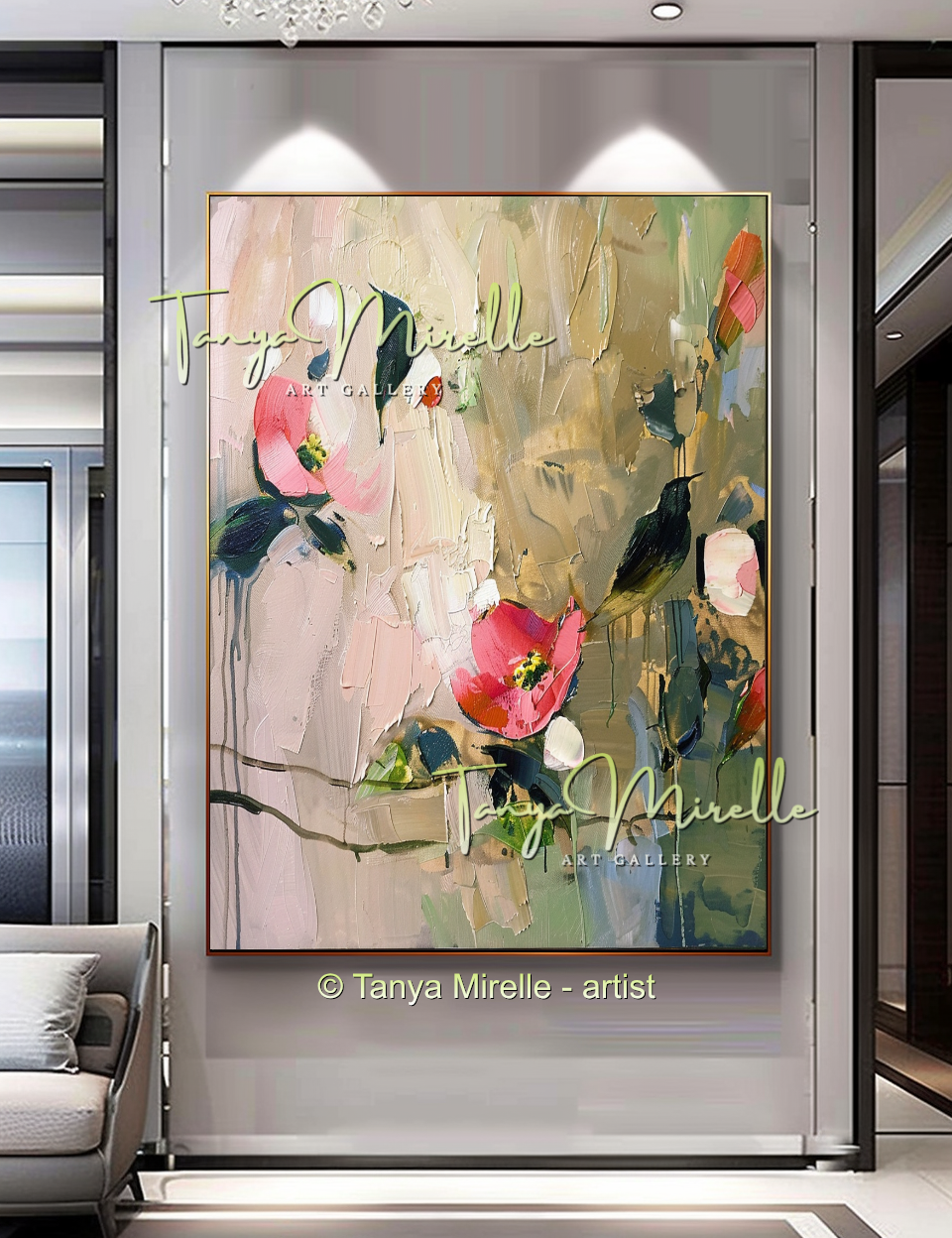 Earth Tone Floral Abstract Oil Painting with Pink Accents #254