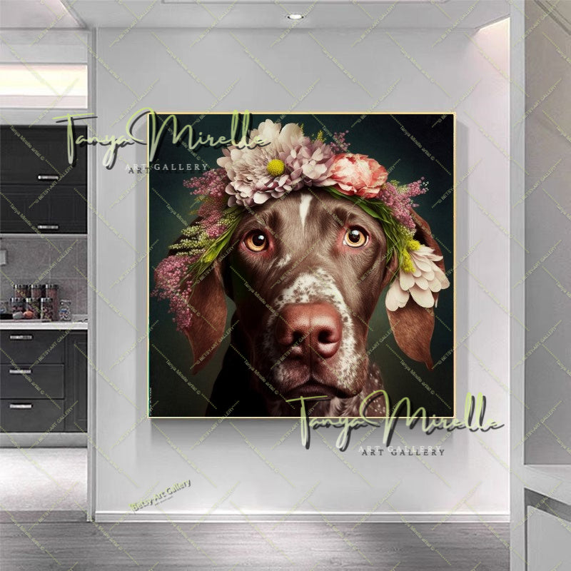 Floral Dog Canvas Print –  Modern Animal Wall Art
