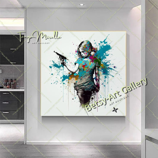 Girl with Gun – Modern Street Art Banksy Canvas Print