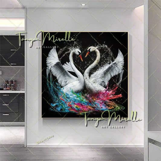 Two White Swans Art Print on Canvas – Modern Colorful Wall Art