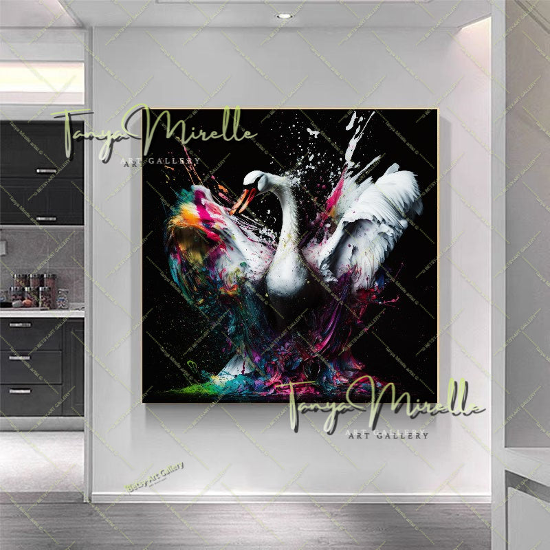 Two White Swans Art Print on Canvas – Modern Colorful Wall Art