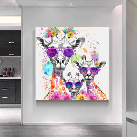 Sunny Family of Giraffes Colorful Art Print – Abstract Animal Wall Decor