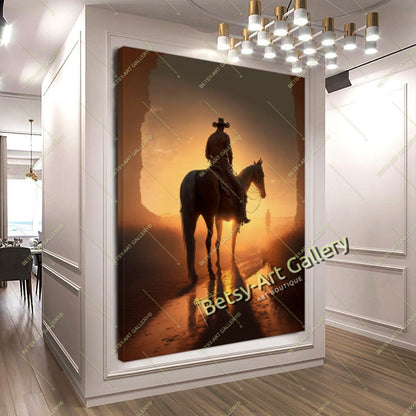 Western Cowboy Sunset Canvas Print, Cowboy and Horse Wall Art