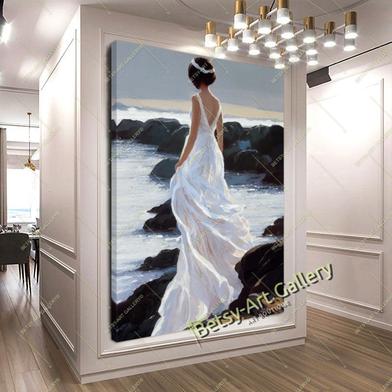 Elegant Lady at the Ocean Wall Art - Romantic Beach Scene Canvas Print